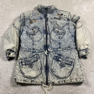 VTG Cherokee Denim Jacket Womens L Acid Wash Drawstring Coat 90s Pins Retro